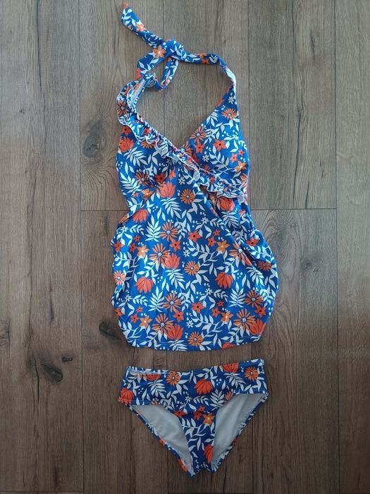 Tankini ciążowe 36 S niebieski biały pomarańczowy dwuczęściowy strój