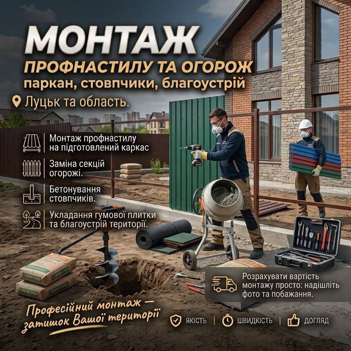 монтаж профнастилу на паркан , стовпчики , благоустрій.
