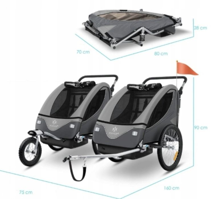 Przyczepka rowerowa 2w1 dla dzieci jasnoszara KESSER