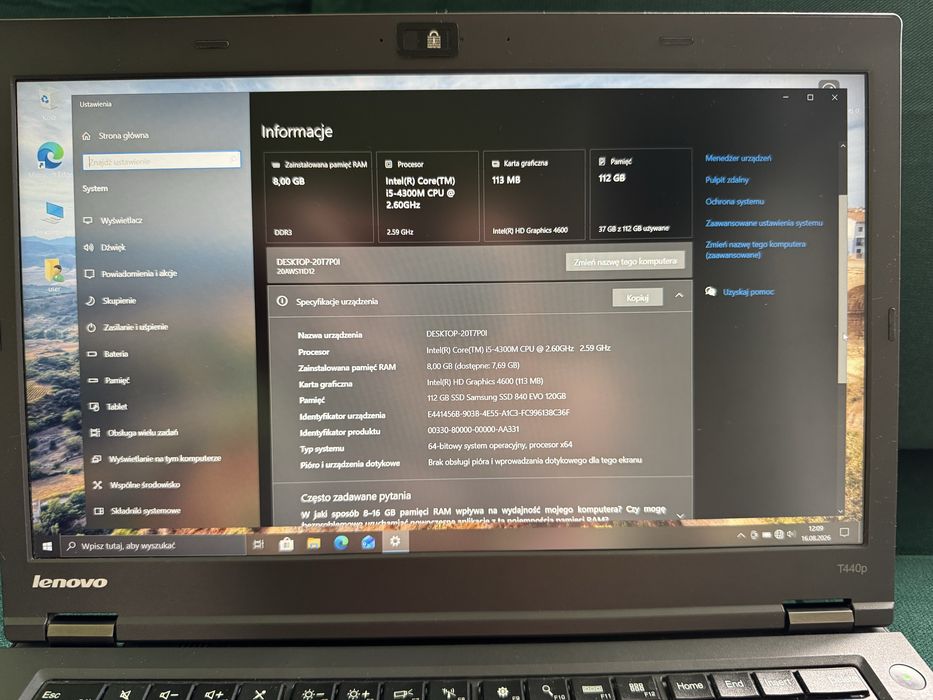 Laptop Lenovo ThinkPad T440p, stan bardzo dobry