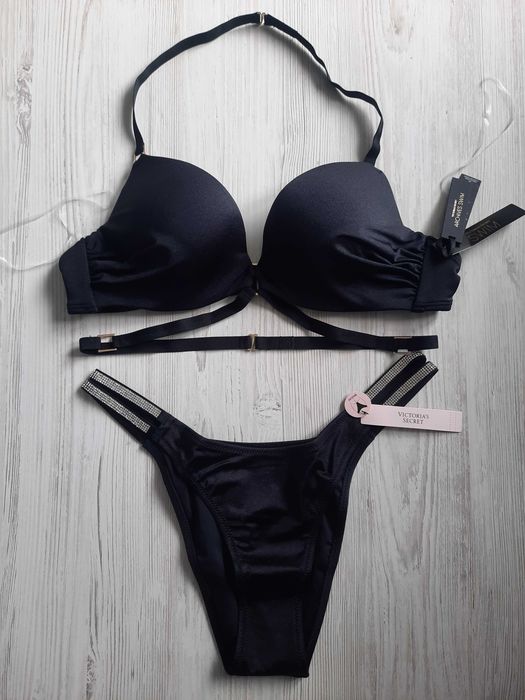 Черный купальник двойной пуш-ап Victoria's Secret оригинал 36А 80А 80В 85А 85В Виктория сикрет bombshell с камнями стразы высокие трусики портупея