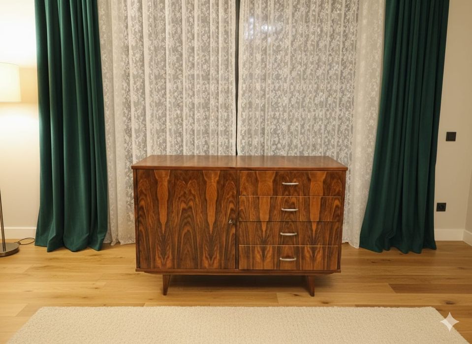 Komoda 120 cm vintage PRL lata 60/70, unikalny wzór drewna, do salonu