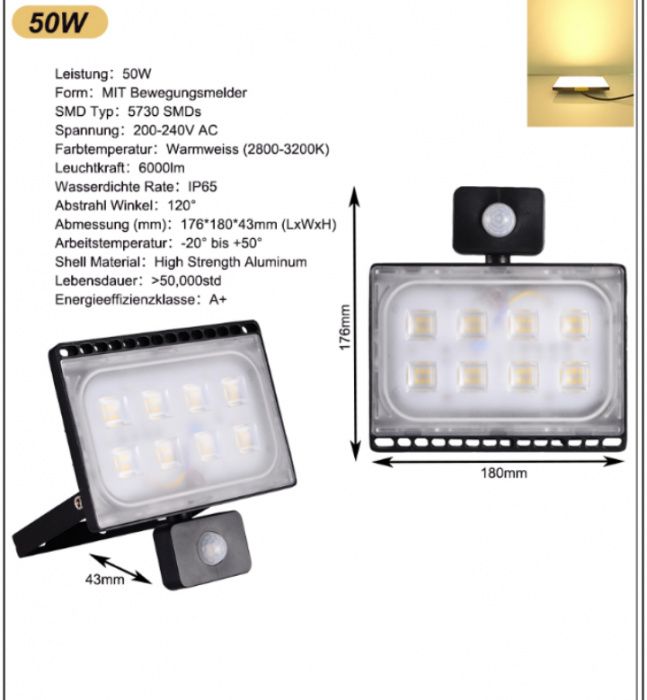 Projetor foco led com sensor 50W IP 65