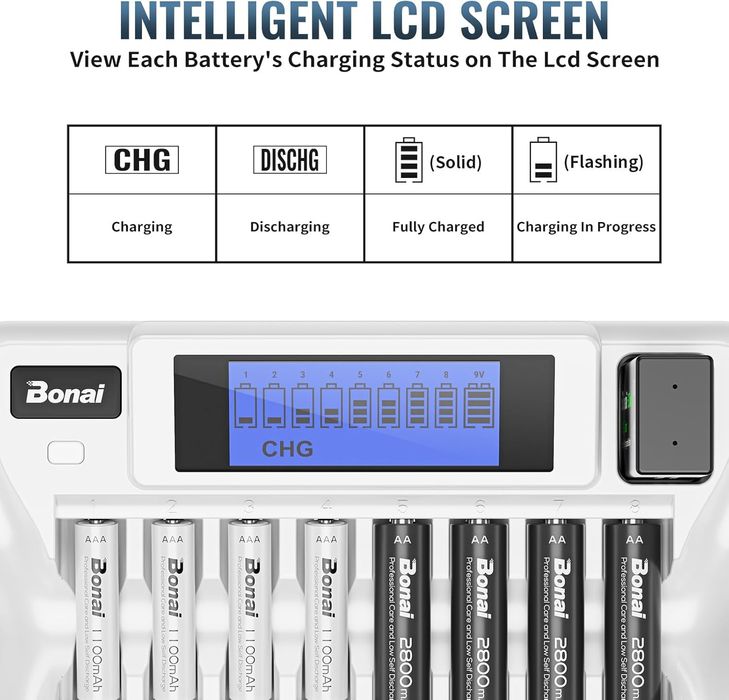 зарядний пристрій Bonai на 8+1  із РК-дисплеєм для 1,2 В NiMH AA AAA 9