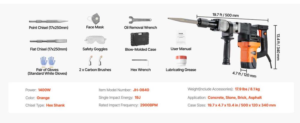 D21-Vevor Martelo de demolição 1400w com ponteiras 2900 BPM com mala