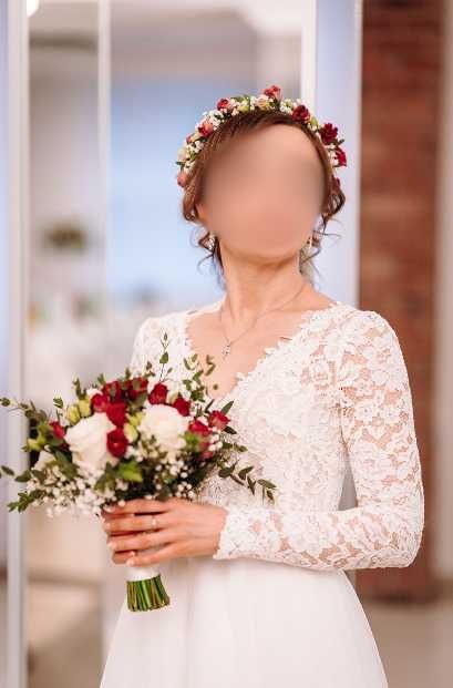 Suknia ślubna długi rękaw, koronka i tiul, rozmiar 36, 158-160 cm