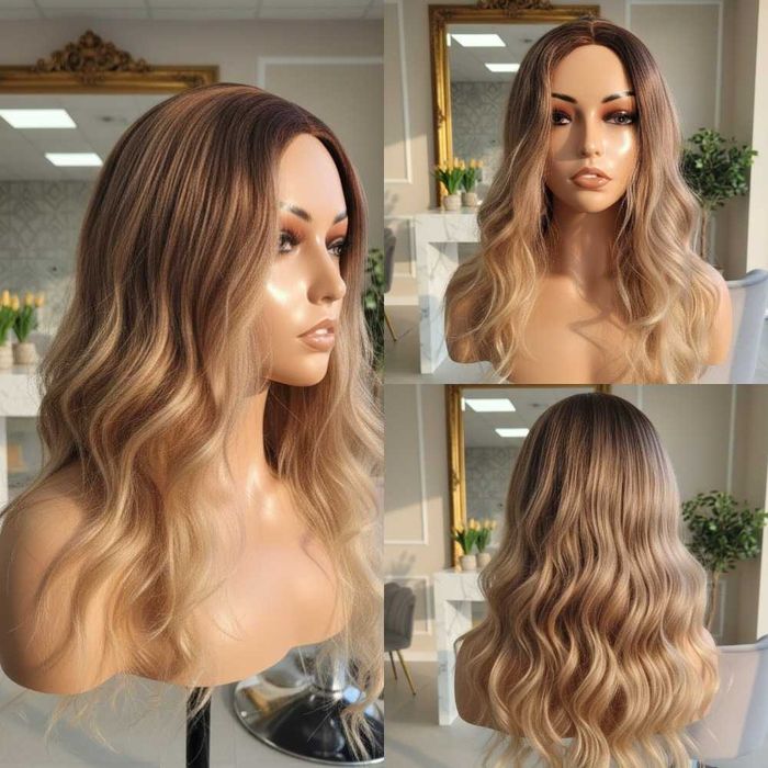 Falowana Peruka Poniżej Blond Ombre Na Koronkowej Siateczce