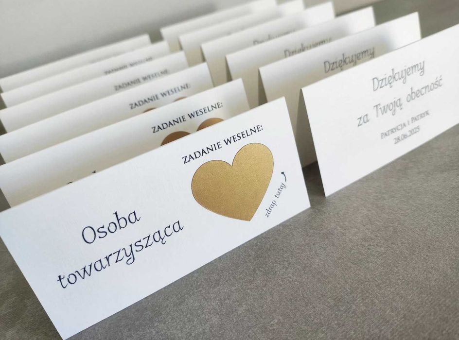 Dwustronne winietki ze zdrapka z zadaniami dla gości weselnych