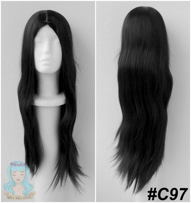 Czarna długa prosta peruka z przedziałkiem czarny długi wig cosplay