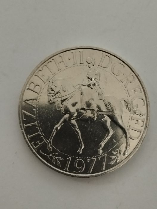 Moeda 25 Pence 1977 UK,  25 anos subida trono Rainha Elisabete  II