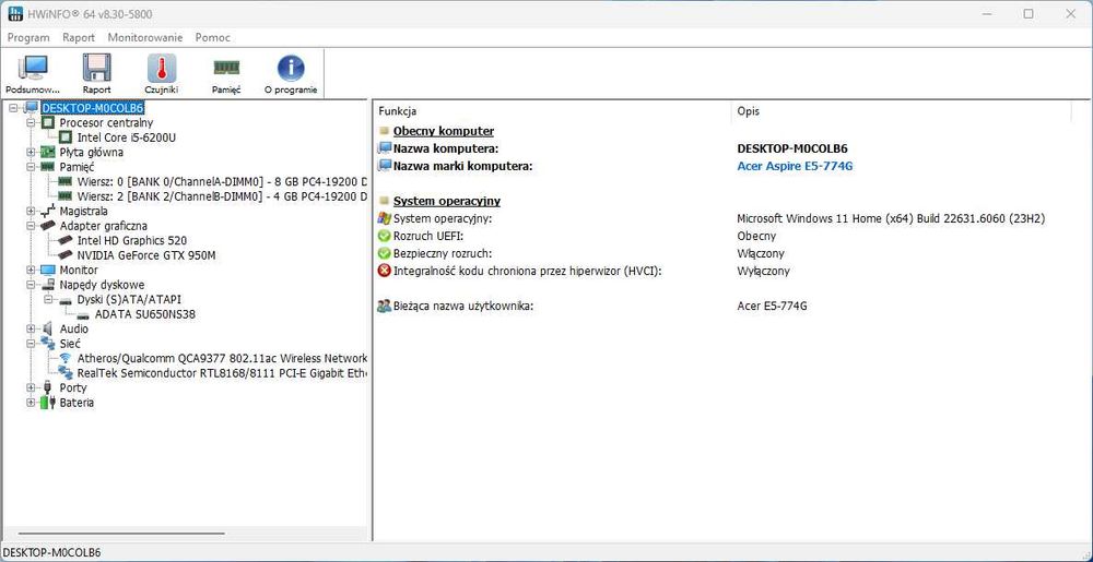 Acer E5-774g ekran 17,3"  Intel I5 6200U 12 GB RAM GTX950M  256GB SSD