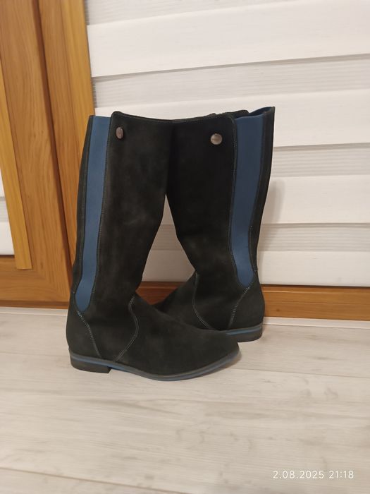 Buty zimowe kozaki granatowe wysokie muszkieterki 35