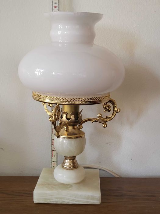 Stylowa lampa onyks mosiądz vintage gabinetowa 31cm klosz szklany