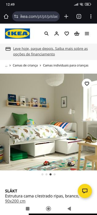 Cama solteiro Slakt e 2 caixas arrumação com rodízios