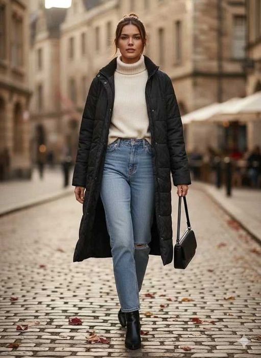 Długi czarny płaszcz pikowany | ciepły | zimowy