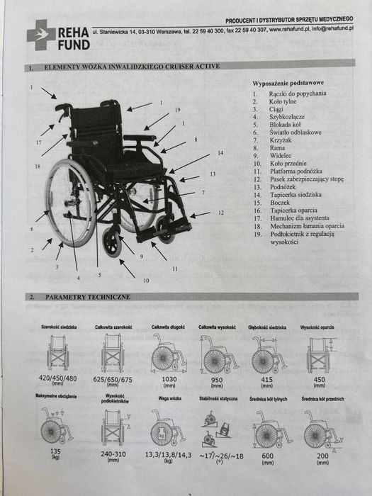 Nowy wózek inwalidzki CRUISER ACTIVE REHA FUND