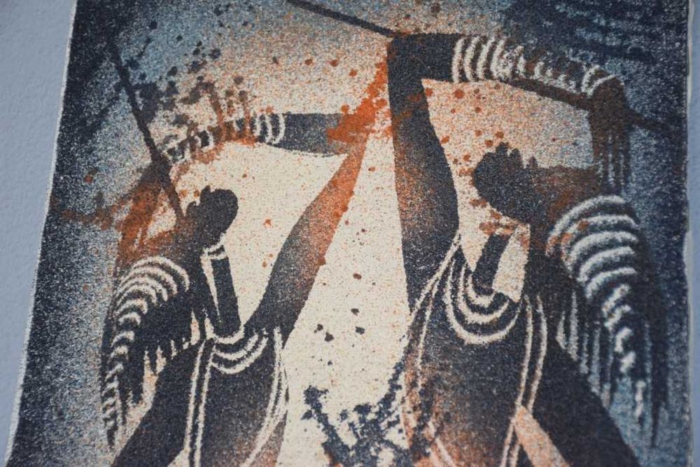 Quadro africano (Angola) pintado a tinta de areia – Par de dançarinos – 1997