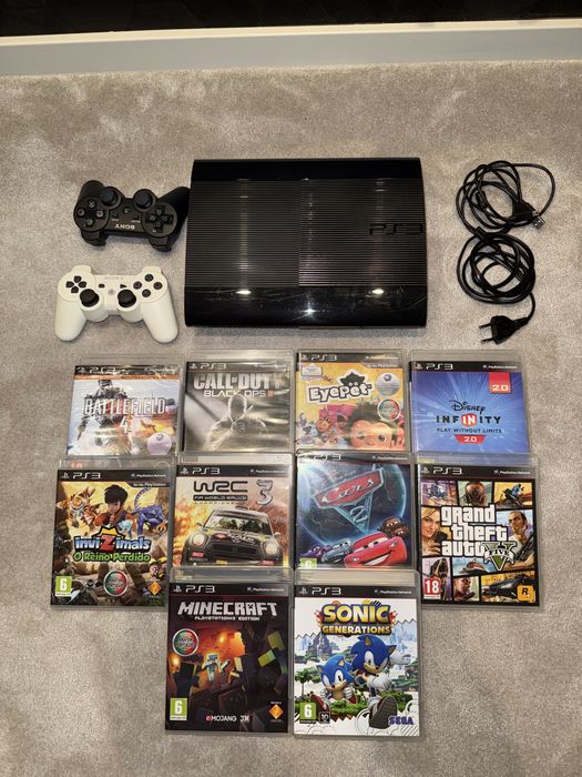 PS3 Super Slim Sony + 2 Comandos + 10 Jogos + Cabos | Completa