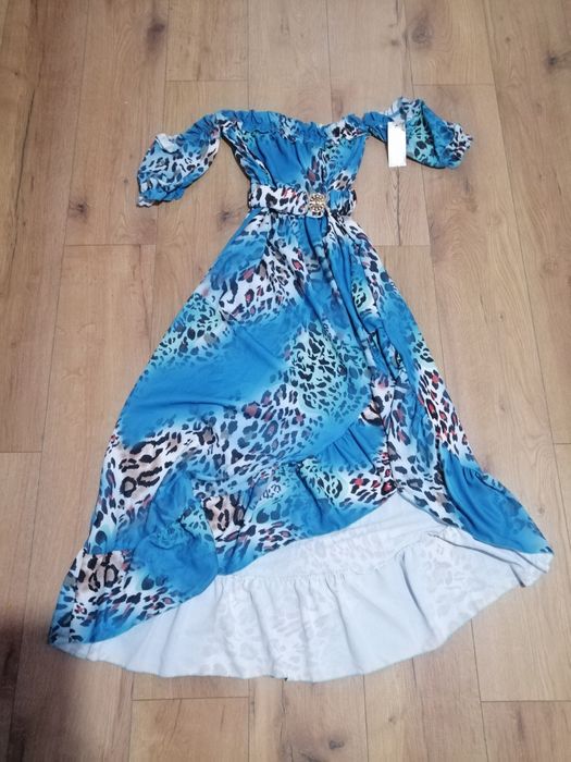 Sukienka długa morska z paskiem hiszpanka falbanki turkus xs s m L