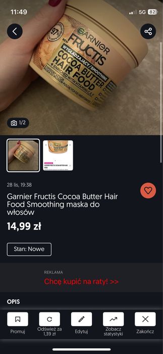 Garnier Fructis Cocoa Butter  maska do włosów puszących
