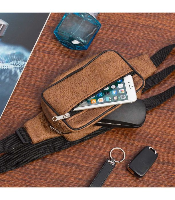 Męska saszetka biodrówka nerka na pas regulowana skóra eko brąz