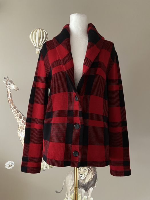 Czerwony bawełniany kardigan sweter na guziki w kratę