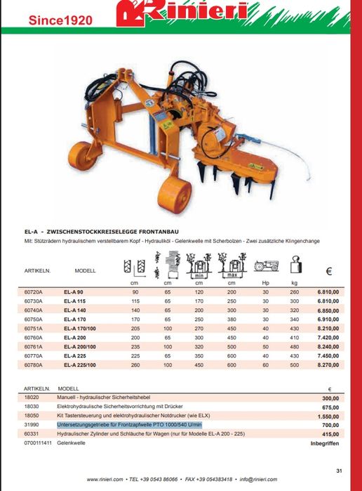 Rinieri El-A przekładnia WOM 1000 lewe sadownicza