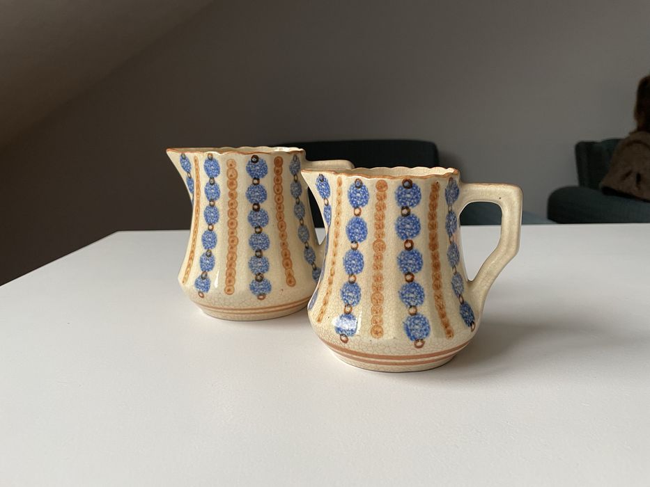 Vintage prl 2x dzbanek mlecznik ceramiczny beżowy niebieski kamionka