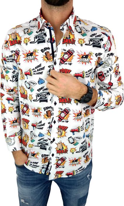 DANIEL BESSI Koszula Męska Fb042 Biała, KOMIKS Kolorowy, Wesoła