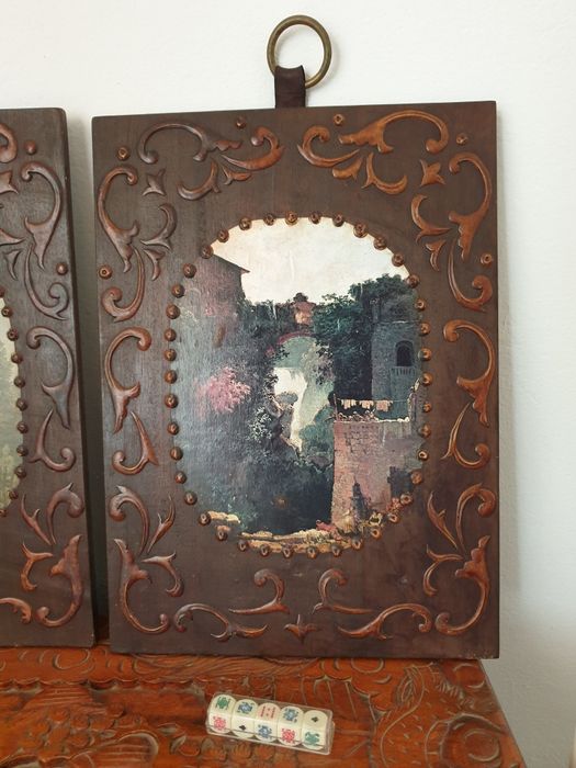 Quadros antigos paisagem madeira ferro couro dados poker