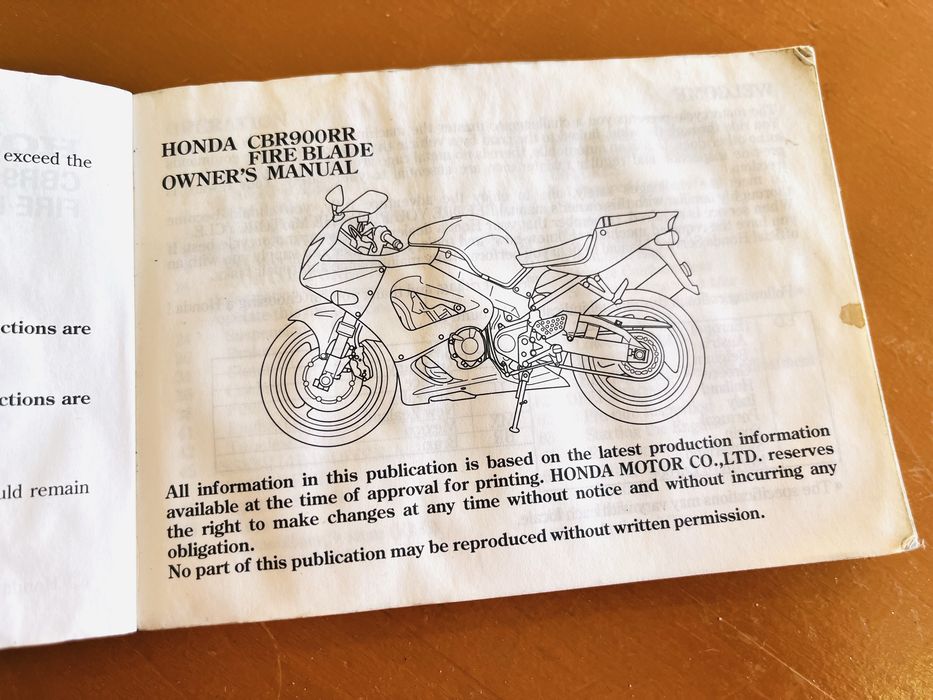 Manual Instruções/Proprietário Honda CBR900RR (929RR) anos 2000/2001