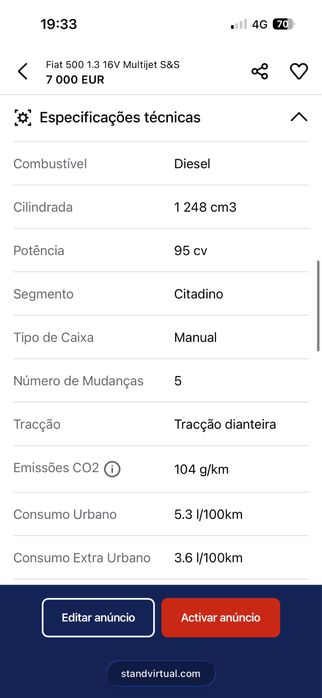 Fiat 500 1.3 16V Multijet em bom estado e muito estimado. Vende-se por troca de veículo