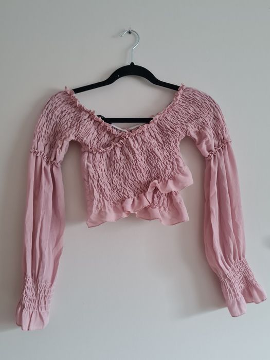 Różowy crop top bluzka Boho retro falbany bufiaste rekawy