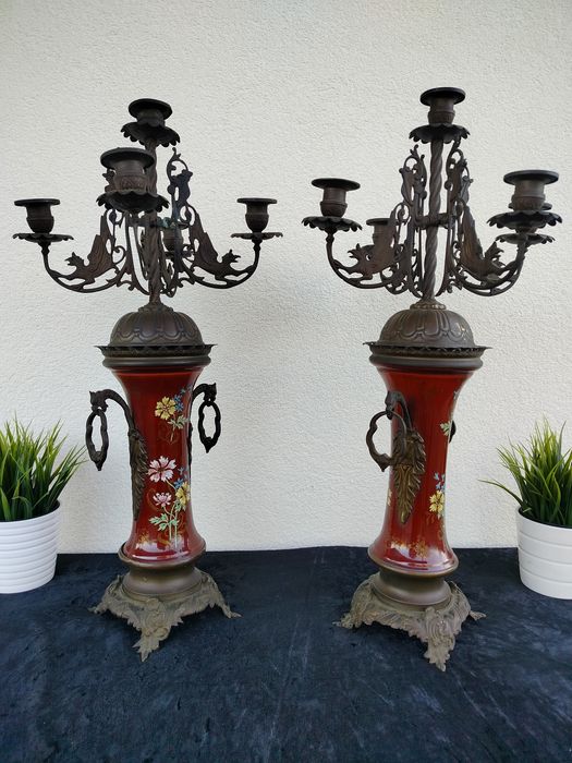 Piękne duże stare palacowe kandelabry świeczniki brąz i ceramika