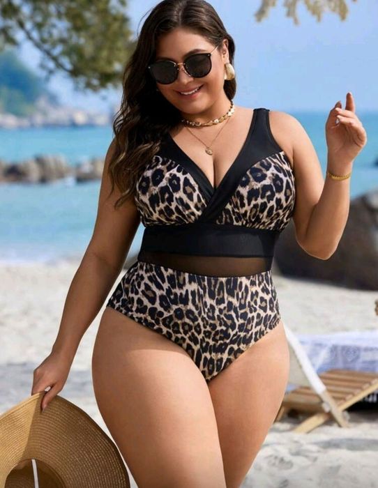 Купальник сдельный большого размера леопард с сеточкой на талии XXXL