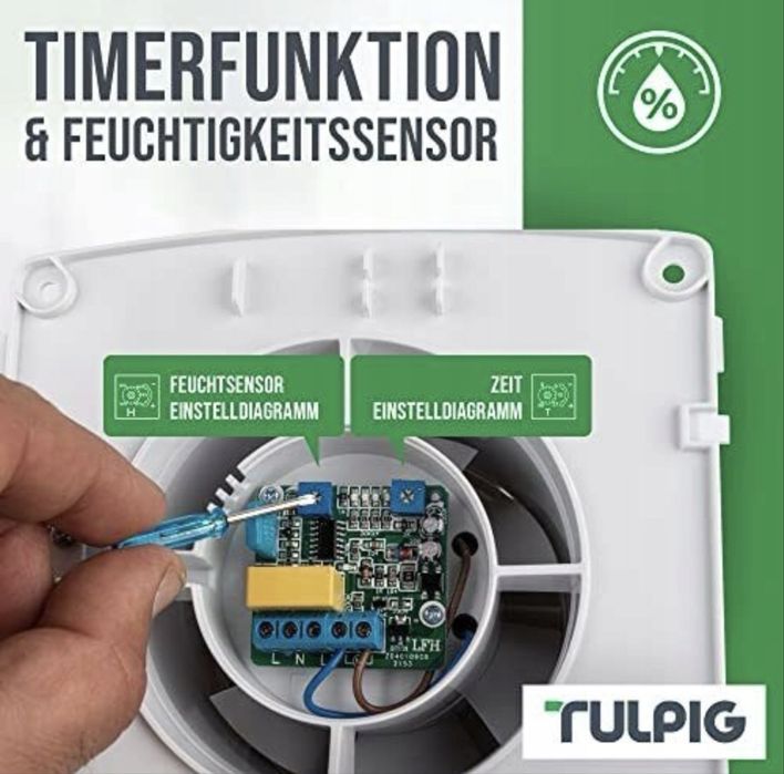 Wentylator łazienkowy Tulpig 100mm czujnik wilgotności timer ABS PET