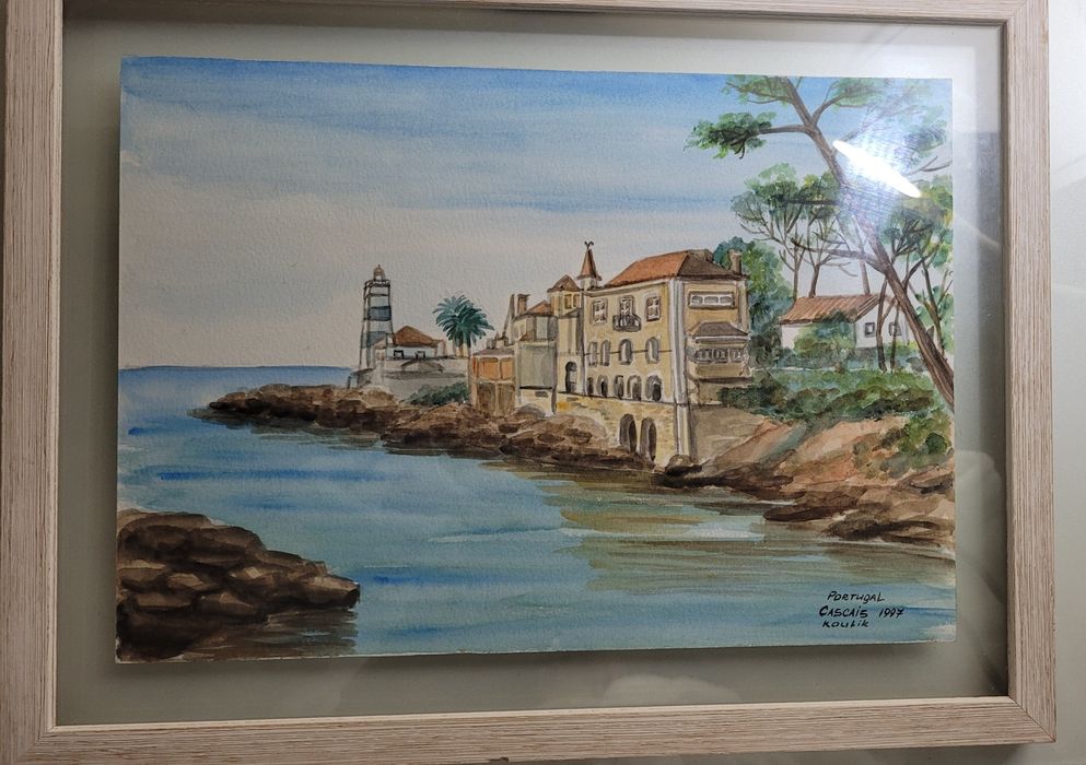 Quadro aguarela emoldurado farol sta marta cascais
