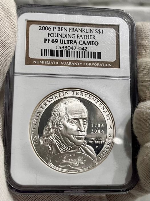 Долар 2006р. США. ФРАНКЛІН. СРІБЛО. ПРУФ. СЛАБ грейд PF69