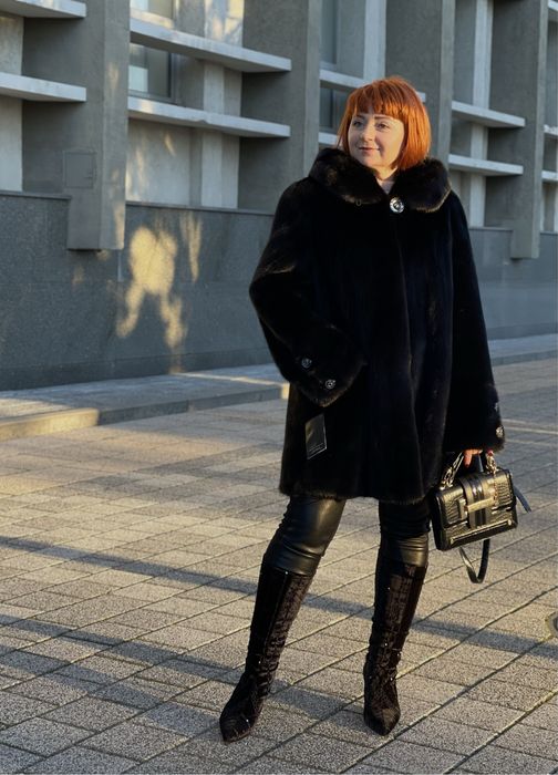 Шуба норкова black glama з капюшоном манто оверсайз 48-54