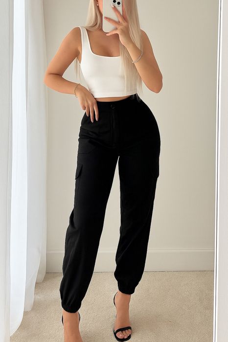 Nowe! Czarne damskie spodnie cargo ze ściągaczem w nogawce l M (38)