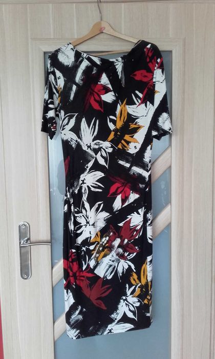 Sukienka dopasowana, midi, wielokolorowa, L