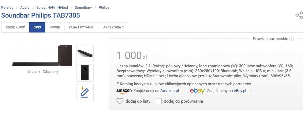 Soundbar 2.1 PHILIPS TAB7305/10 Bluetooth Subwoofer 300W HDMI ARC BT !