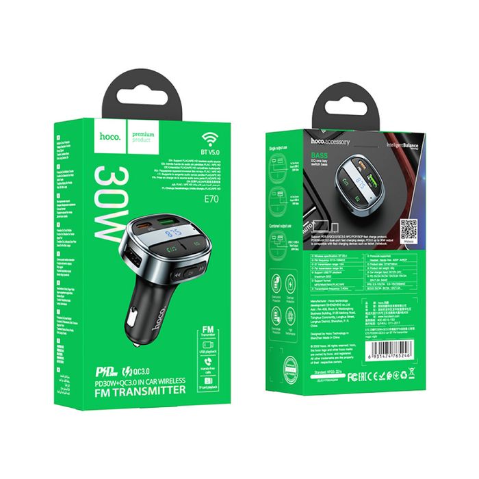 Автомобільне Зарядне FM-модулятор Hoco E70 Bluetooth 5.0 / PD30W / QC3.0 / USB+Type-C / Оригінал
