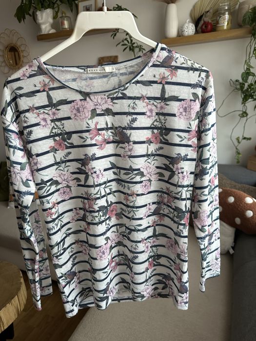 Sweter cienki w paski kwiaty wzorzysty S