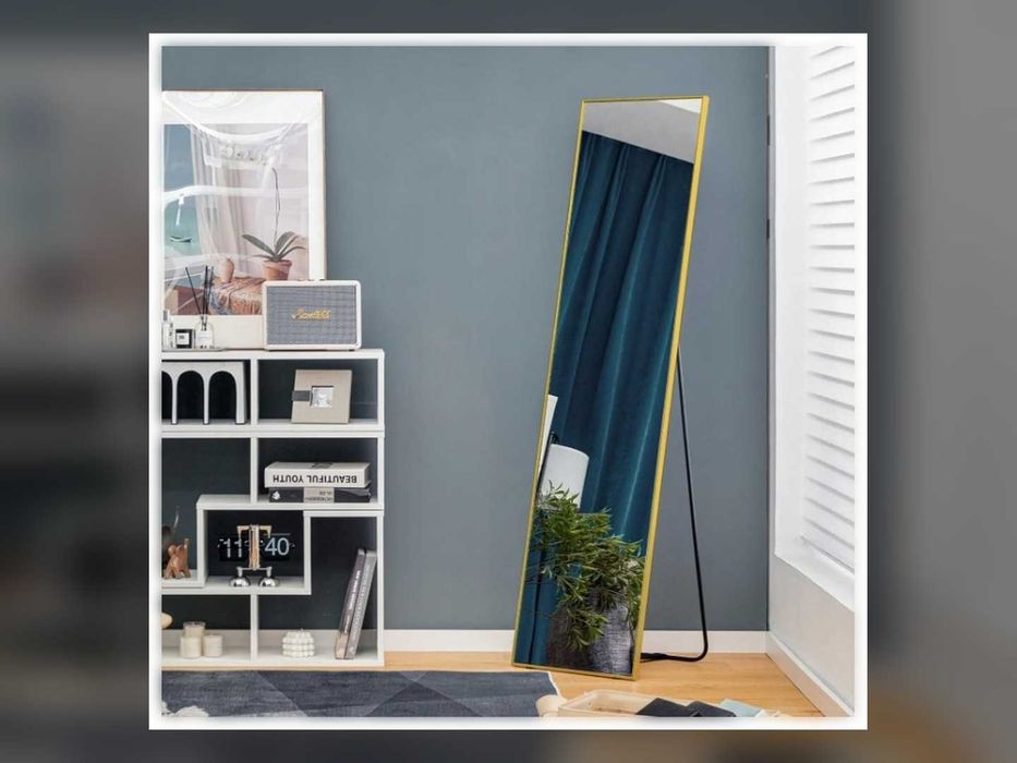 Nowe Lustro Stojące 160x40 cm Podłogowe Wolnostojące Ścienne 2w1 Złota Rama Duże
