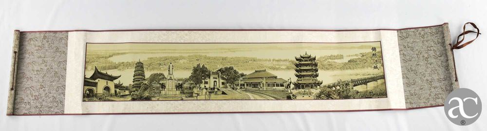Scroll pergaminho com Gravura chinesa em papel de arroz e tecido