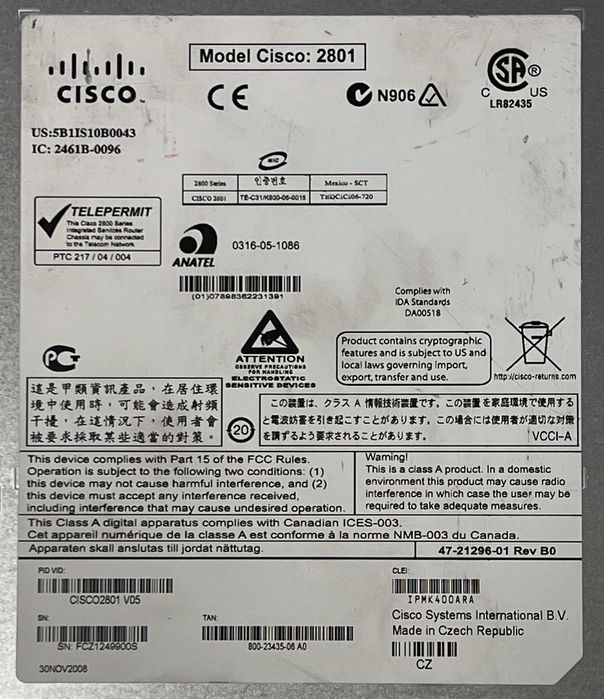 Router modular Cisco 2801 - Series 2800 - Usado