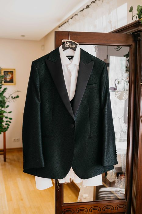 Garnitur smokingowy ślubny, żakard, szyty na miarę, Roland/Rogowski