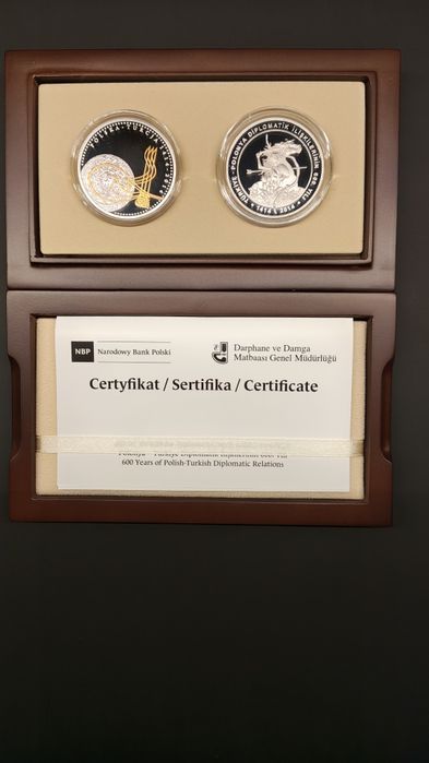 Zestaw 2 srebrnych monet NBP 600 lat Polska–Turcja 2014 Ag 925 + certyfikat