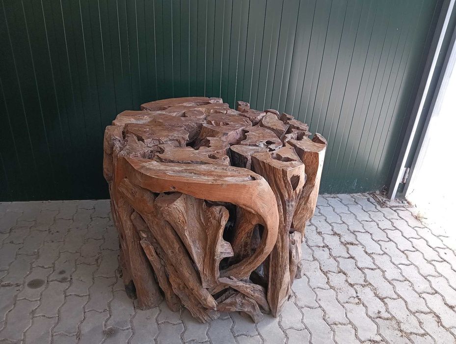 Mesa troncos teca com tampo vidro redondo